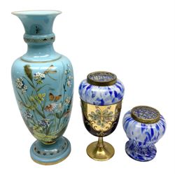 Blue opaque glass of baluster form vase painted with flowers and insects, together with other glassware to include pair of blue and white art glass Murano style vases etc, tallest H33cm (4)