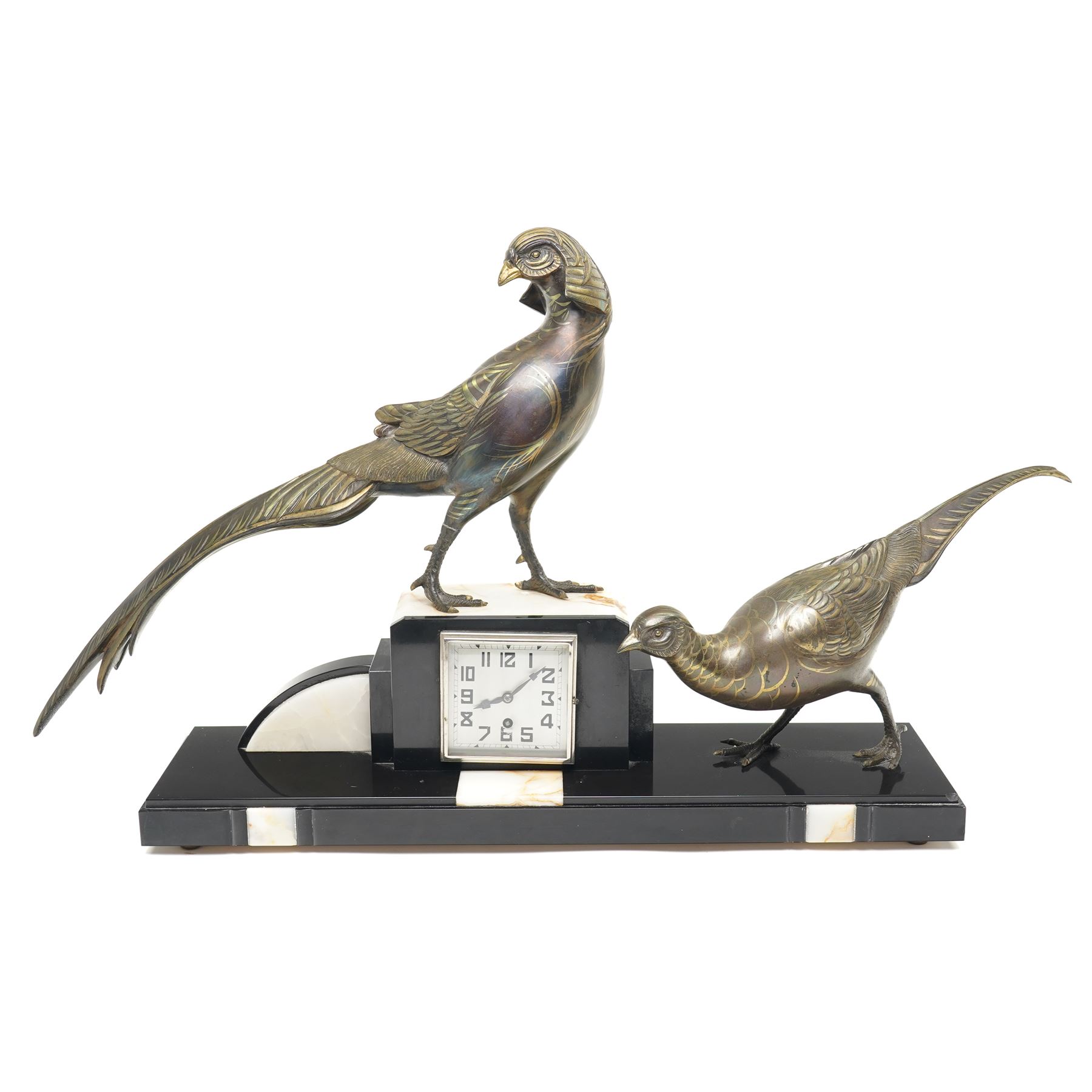 French- Early 20th century Art Deco mantel clock with an 8-day timepiece movement, on a polished rectangular slate base, with inset cream onyx panels, surmounted by a pair of highly decorative bronze effect pheasants, square 4