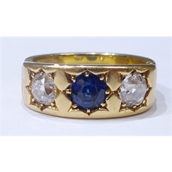  Heavy 18ct gold (tested) three stone diamond and sapphire rubover set ring, each diamond approx 0.4 carat  