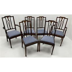 Set six (4+2) Edwardian inlaid mahogany framed dining chairs, upholstered seat, square tapering supports on spade feet 