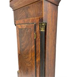Mid-19th century mahogany 8-day longcase clock case and movement for restoration or parts, trunk with reeded quarter columns and brass Corinthian capitals on a square plinth with inlay, hood nearly complete but in need of re-assembly and full restoration, unsigned fully painted break-arch dial painted in the 
