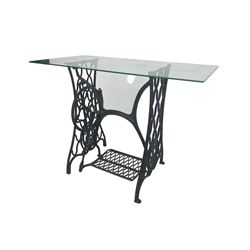 Singer - early 20th century cast iron sewing machine table, with rectangular glass top