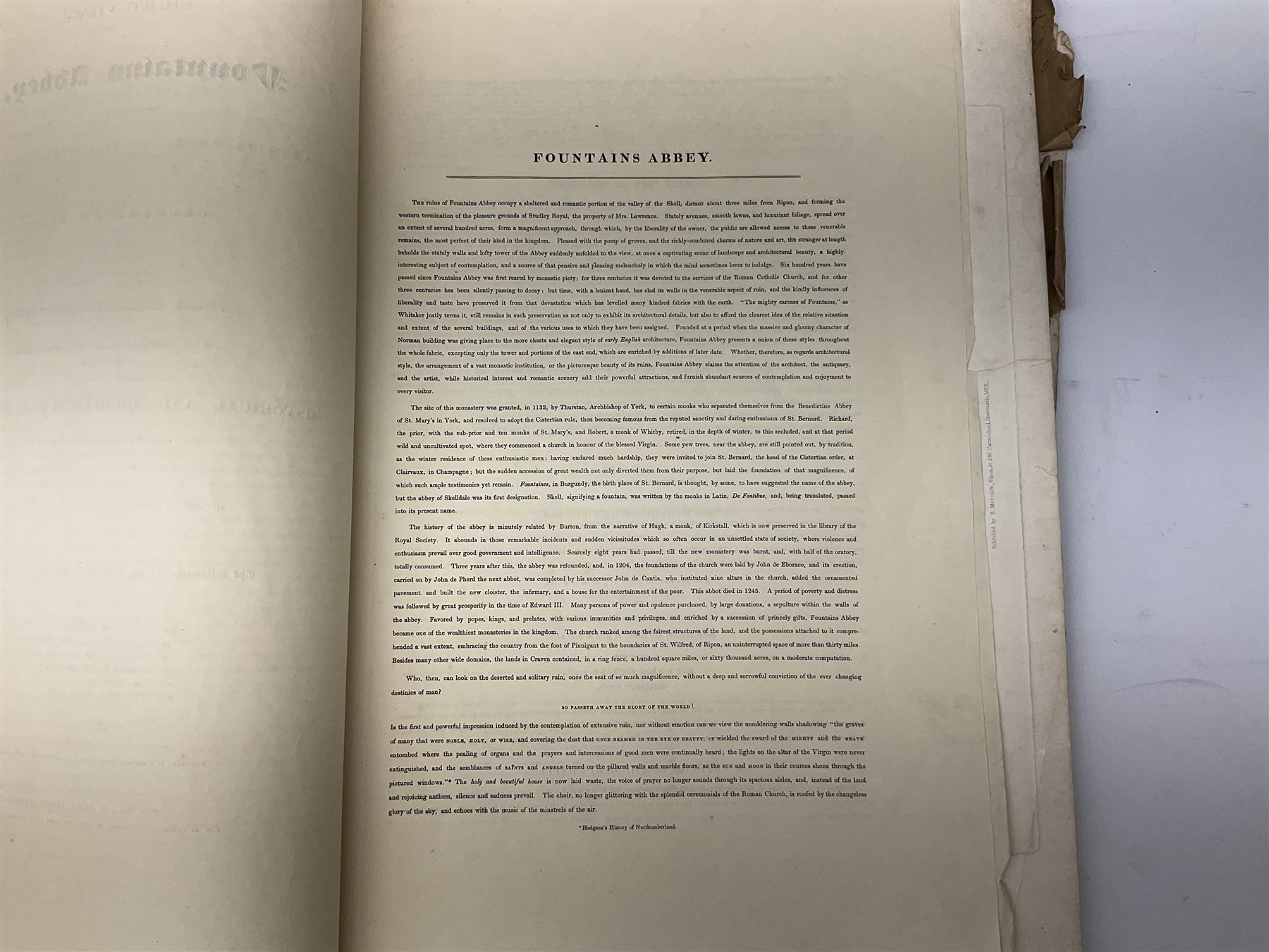 George Cuitt Jnr (British 1779-1854): 'Select parts of Kirkstall Abbey', complete set six etchings signed titled and dated 1823 in the plate, oblong folio; J Metcalf and J Carmichael (British 18th/19th century): 'Fountains Abbey Intended To Illustrate The Architecture And Pictureseque Scenery Of That Celebrated Ruin', seven etchings (one missing) pub. 1832 with Historical and Architectural Description by T Sopwith, oblong folio; Augostino Aglio (Italian 1777-1857): 'Sketches of the Interior & Temporary Decorations in Woolley-Hall Yorkshire', complete set 22 lithographs dated 1821, pub. by the artist, oblong folio max 54cm x 37cm (3)