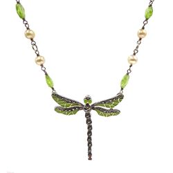Silver peridot, enamel, pearl and marcasite dragonfly pendant necklace, stamped 925