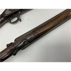 19th century Indian .577 Enfield muzzle loading rifle, proofed for 26-bore, the 98.5cm barrel with three barrel bands and later ram rod L140cm overall; 19th century Belgian side-by-side double barrel percussion shotgun, approximately 20-bore, with 74cm barrels and studded walnut stock, lock plate marked 'Liege 1868' and 'V. Gulikers-Maquinay' L117cm overall; and another side-by-side double barrel shotgun by Smythe with underlever opening (3)