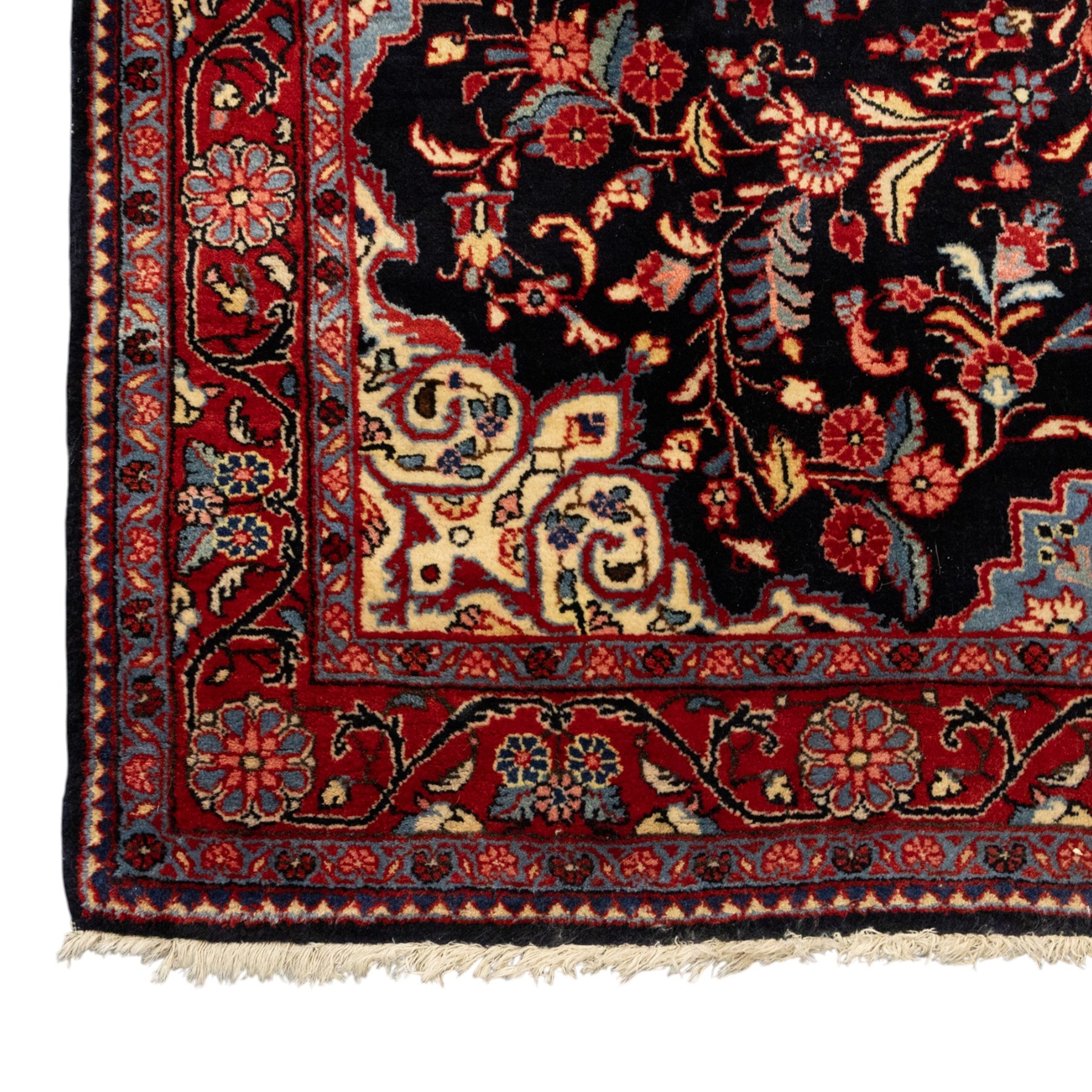 Two hand-knotted rugs, comprising Persian floral rug, dark blue ground decorated with scrolling foliage and flowerheads within a red floral border (H 208cm, W 134cm); Bokhara type rug, red ground with repeating gul motifs and geometric guard borders (H 174cm, W 94cm)