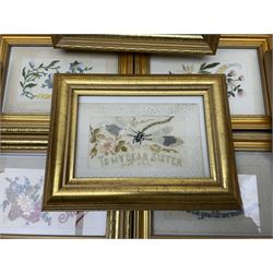 Collection of twenty eight, mostly WWI period embroidered silk greetings cards and postcards, including 'A kiss from France', good luck, sweetheart and Christmas examples, all within modern gilt frames