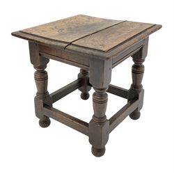 Small 18th century oak table, square moulded top on turned supports jointed by stretchers, the frieze rails with lower moulded edge