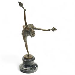 Art deco style bronze figure of a female dancing with flame torches, raised upon marble base, indistinctly signed, H43cm 