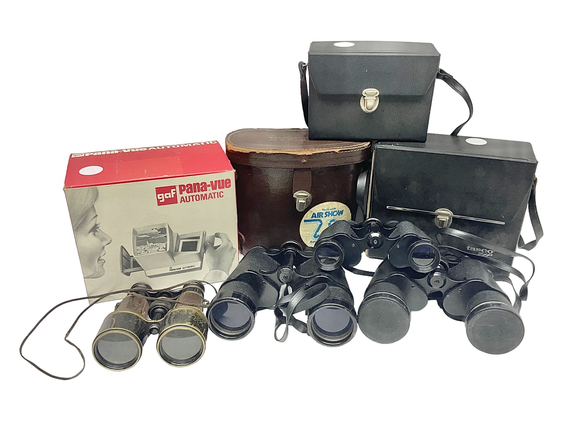 Pair of French binoculars by A.Tubeue Paris, together with three other pairs of binoculars including Telemax 5, Tasco Zip and Hanimax examples and a Panavue automatic slider viewer
