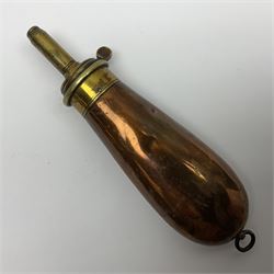 19th century brass and coppered Colt patent pistol flask by James Dixon & Sons Sheffield; with belt ring loop and long extended nozzle to dispense 2/8ths - 4/8ths drams L15.5cm