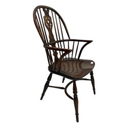 Pair of medium elm Windsor armchairs, high comp back with shaped splat, saddle seat