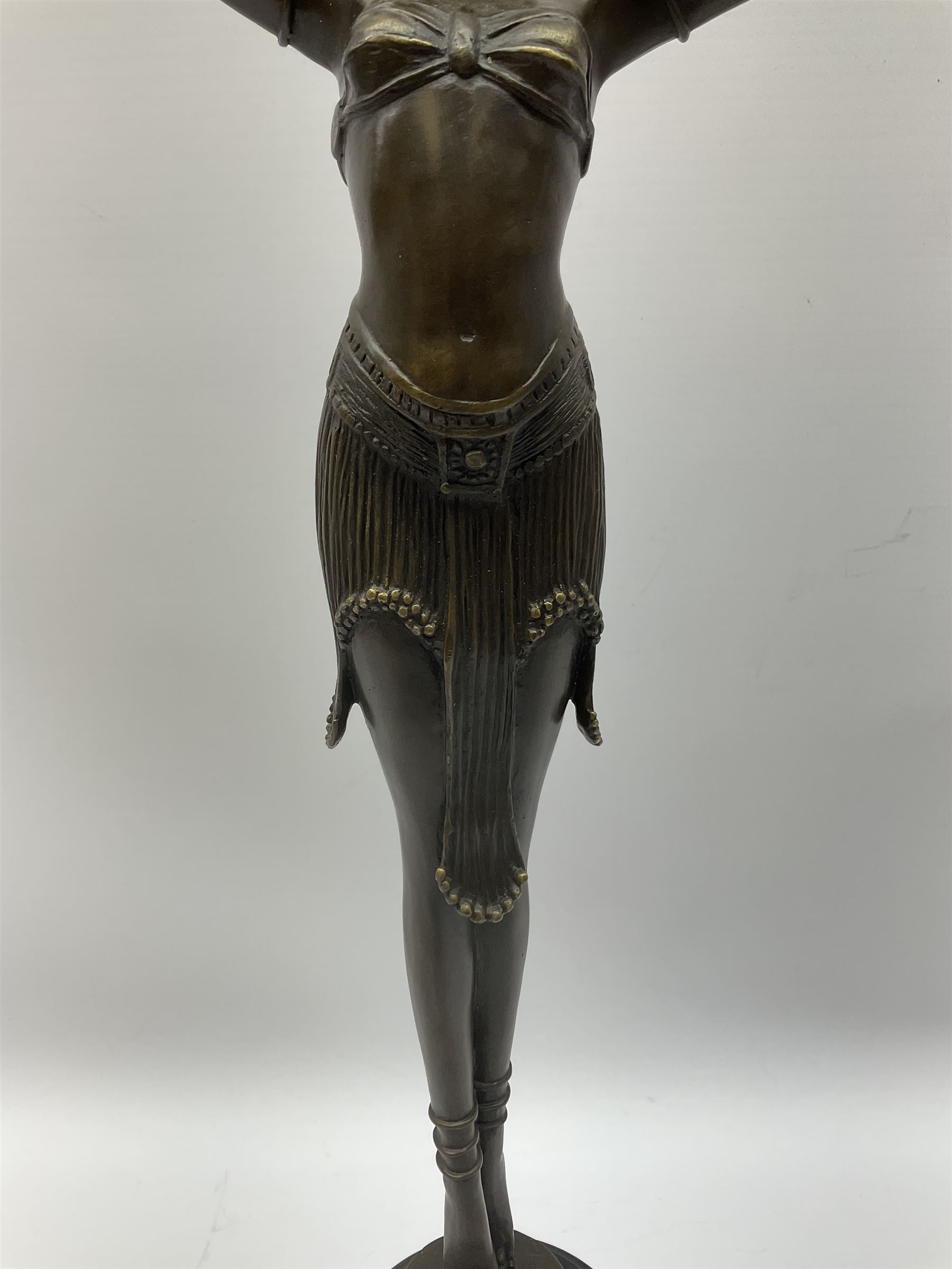 Art Deco style bronze figure of a dancer, after 'Berrard', raised upon a circular base, with foundry mark, H49cm