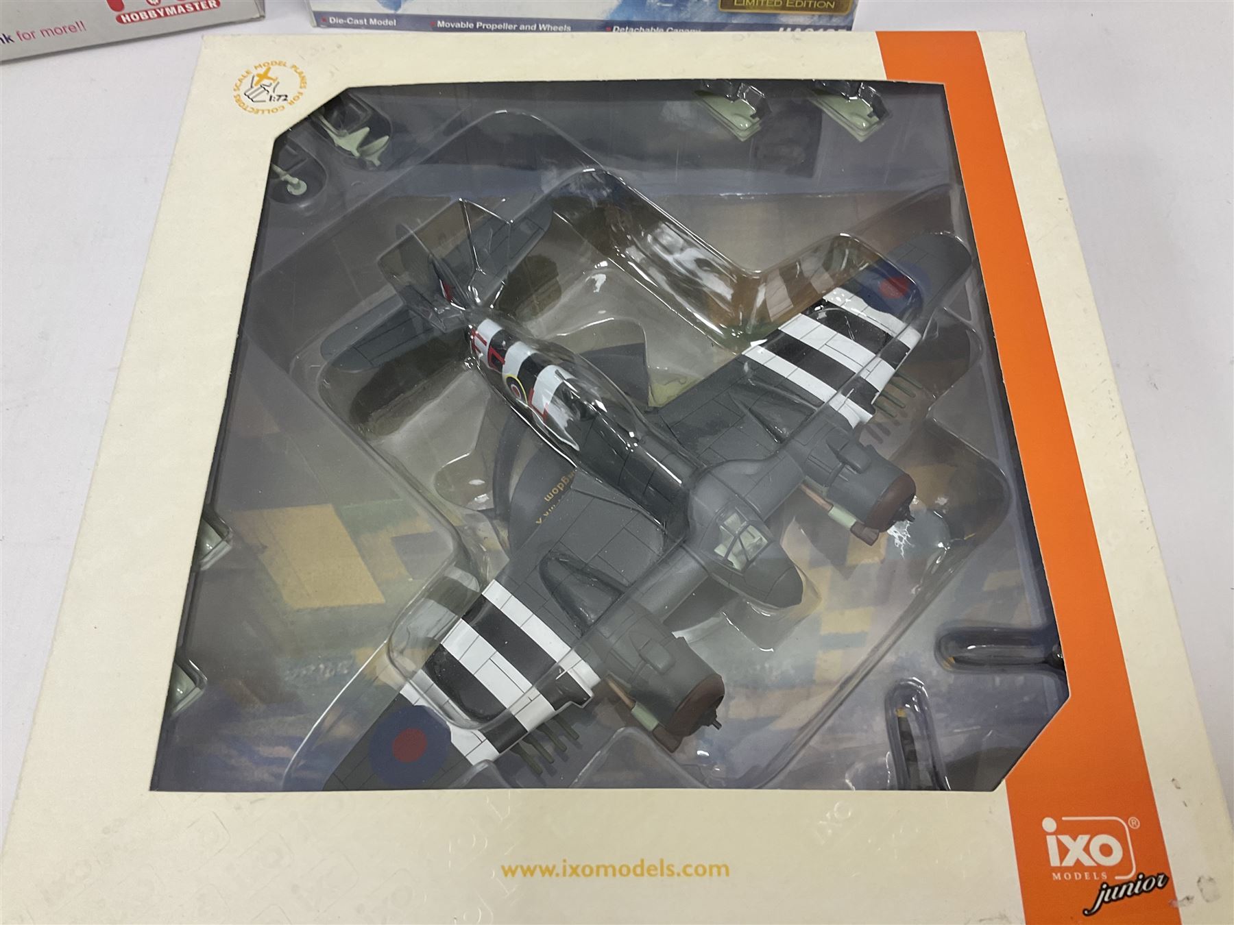 Nine 1:72 scale model aeroplanes comprising four ‘Sky Guardians’, F-16 Fighter Falcon, Sea Vixen FAW.2 899 Sqd XP924, Gloster Javelin FAW 9R 64 Sqd RAF XH766, and Sea Vixen F(AW) Mk2 XN694/305/BL No 892 Sqd RNAS Yeovilton; with three Hobby Master models, one Ixomodels model and one 72 Aviation model  (9)