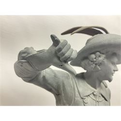 Pair of spelter figures modeled as Cavaliers, together with a spelter figure of Joan of Arc, largest H52cm