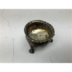 Silver mounted capstan inkwell, together with pierced silver pepper, silver napkin ring, and silver plated open salt, (4)