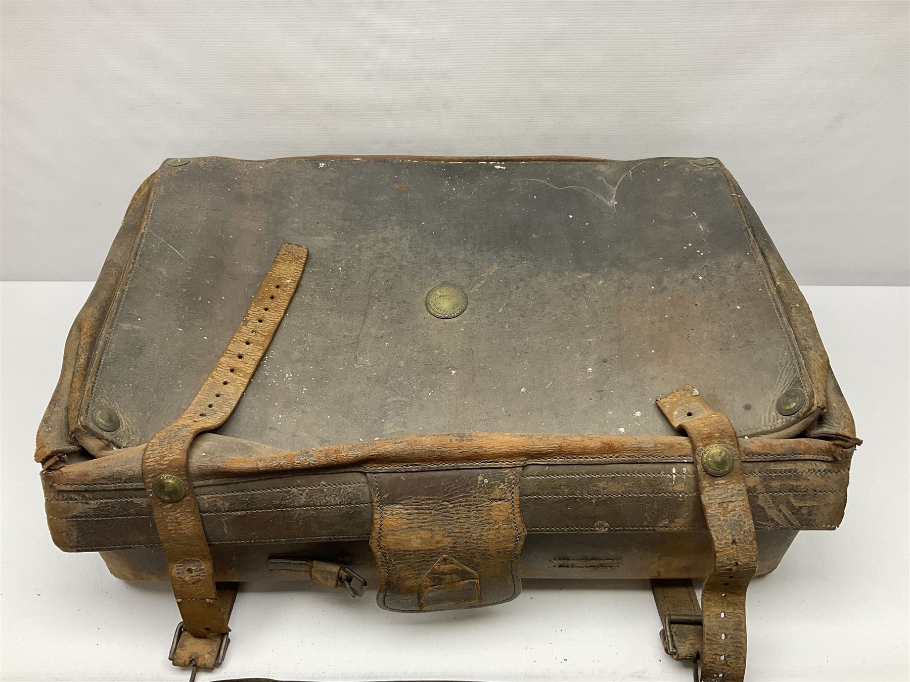 19th century leather suitcase, with brass plaque to cover engraved 'C R F Lutwidge Esq', the pink silk and white kid leather interior with pouch and edging impressed with gilt lettering reading 'By Appointment of Prince of Wales J W Allen 37 Strand Maker Prize Medal Awarded', H21cm, W73cm, Notes: Charles R. Fletcher Lutwidge, was mayor of Tunbridge Wells between 1895-1898, and again between 1901-1902