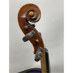 German trade violin c1900 the 36cm two-piece maple back impressed 'Stainer', maple ribs and spruce top, bears label 'Jacobis Stainer in Absam prope Oenipontum 17**' L59cm; in carrying case marked 'The Improved Dome' with bow
