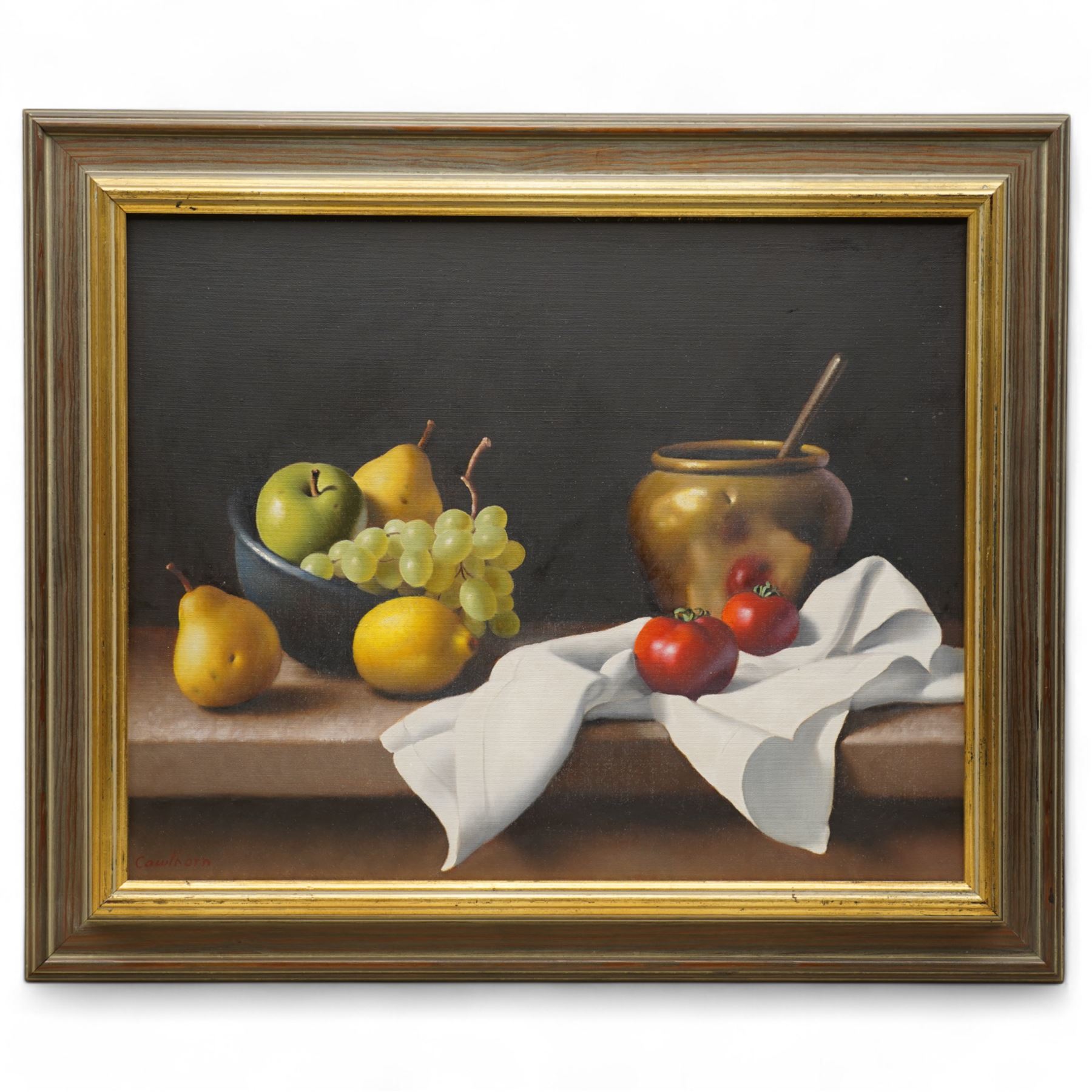 Christopher Cawthorn (British 20th century): Still Life with Fruit and Brass Pot, oil on canvas signed 39cm x 49cm