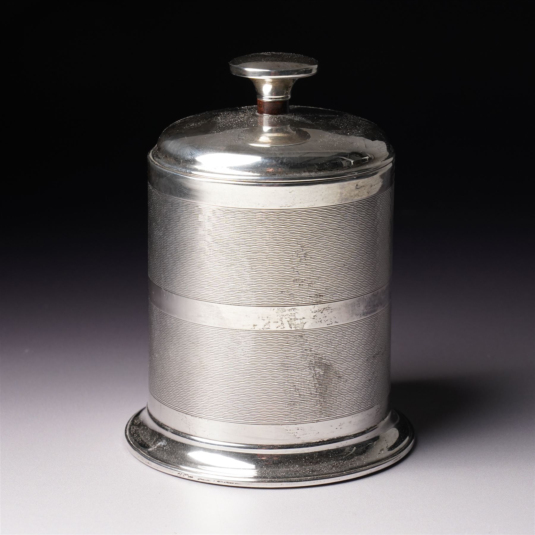 Silver cigarette dispenser with engine turned decoration, Bakelite base and divided interior H12cm Birmingham 1939 Maker Joseph Gloster Ltd