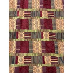 Pair lined curtains, patchwork pattern fabric in red, green and golden tones, decorated with stripes and swirled motifs