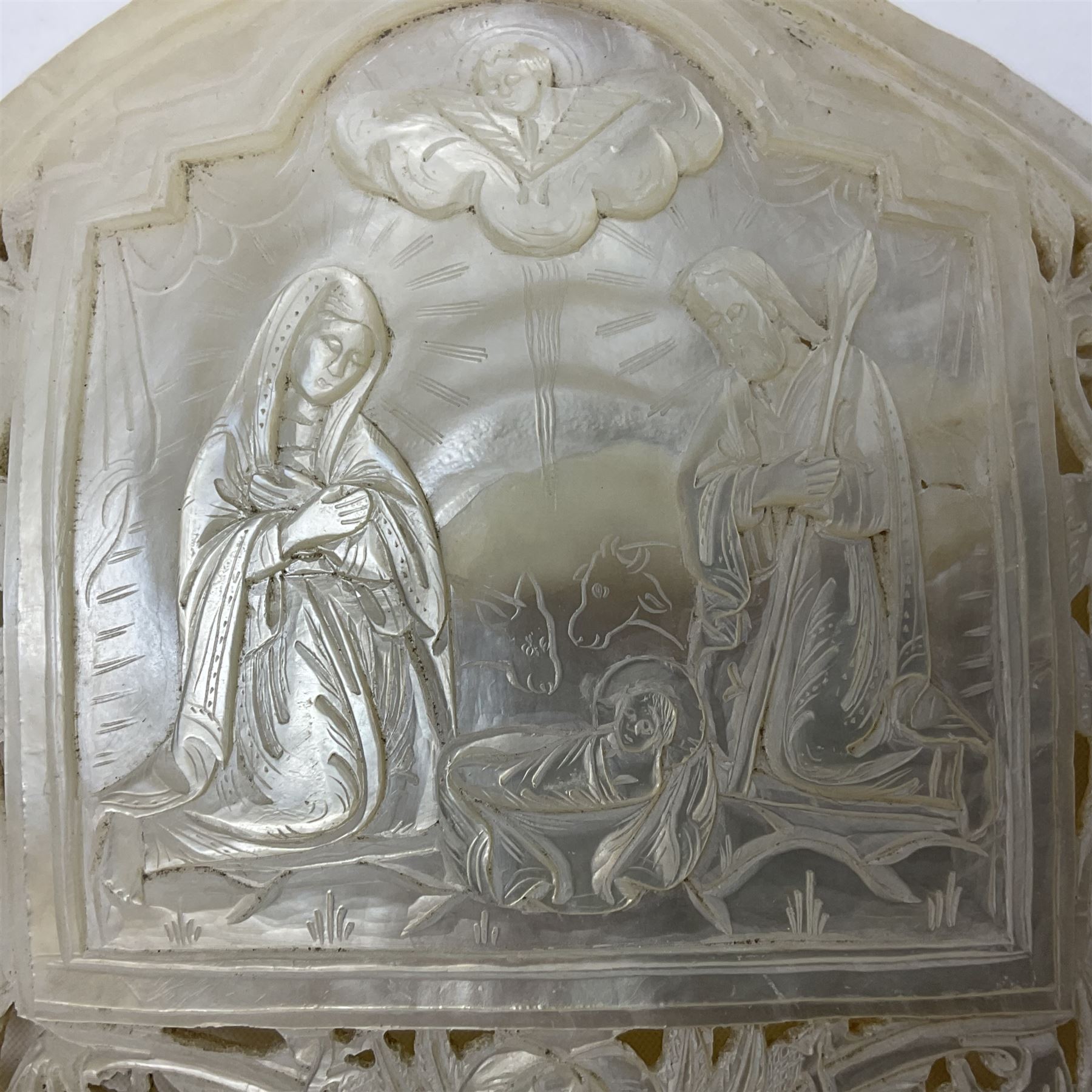 Mother of pearl nativity scene, together with mother of pearl box, shell and carved shell