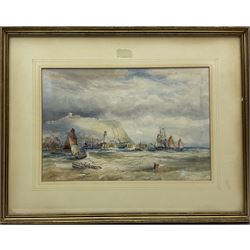 Robert Ernest Roe (British 1852-c1921): Paddle Steamer and Sailing Boats outside Scarborough Harbour, watercolour with scratching out signed 25cm x 37cm