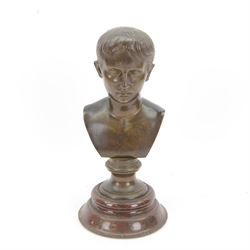 After the Antique, mid/late 19th century bronze portrait bust of a young Julius Caesar, upon a bronze waisted socle, signed L SALVAGGI ROMA, and circular stepped red marble plinth, overall H30.5cm
