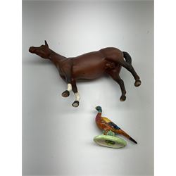 Four Capodimonte figures, comprising Shoemaker by T Galli, Tramp on Bench by Roby B, The Fiddler by Maria Angela, and Gypsy Dancers by Sandro, each with accompanying certificate, plus a Beswick matt glazed horse, and small Beswick pheasant. 