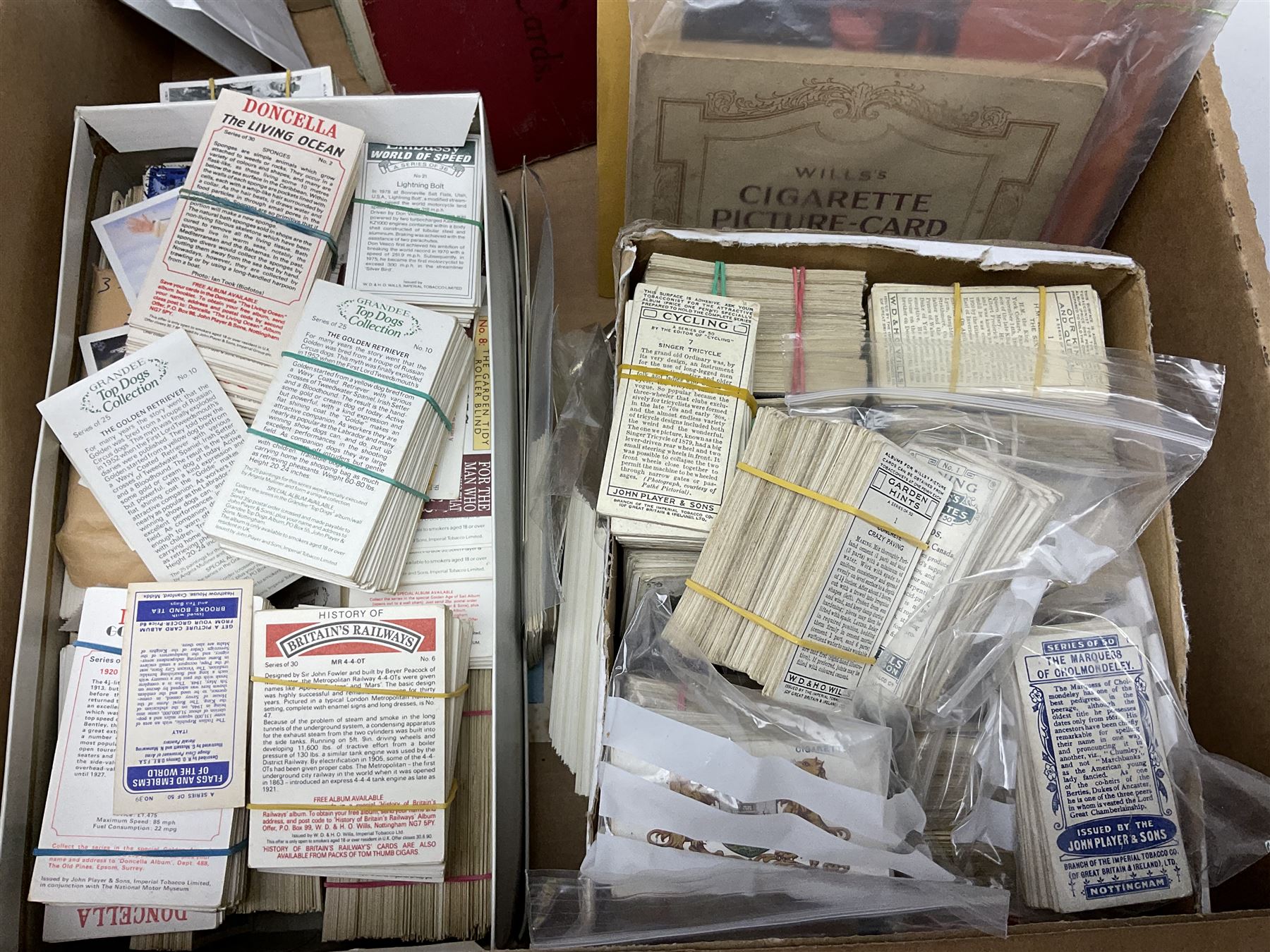 Quantity of cigarette and trade cards, housed in albums and loose, by W.D. & H.O. Wills, John Player & Sons etc, including cycling, garden hints, Britain's railways, dogs etc and various empty vintage cigarette card albums, in two boxes