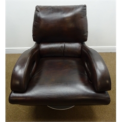  Modern brown leather upholstered swivel chair, shaped arms on chrome base, H95cm, D98cm, W83cm   