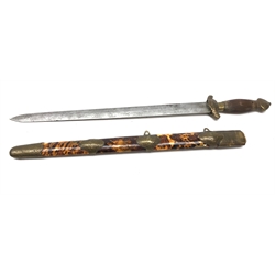  Chinese Dao sword, 42cm twin edge straight tapering blade, hilt with chased brass guard and pommel with fluted hardwood grip, L57cm, in tortoishell covered scabbard with chased brass mounts  