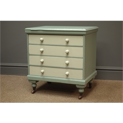  Early 20th century chest, sage and nordic spa finish, four drawers, turned supports, W49cm, H52cm, D36cm  