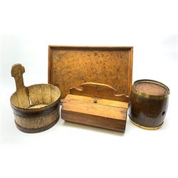 A Victorian coopered oak piggin, D24.5cm, together with a small coopered oak barrel, H20cm, a pitch pine octagonal wall box, probably a pipe or candle box, L31cm, and a burr walnut tray, L50cm. 