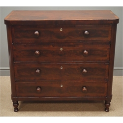  Early 19th century figured mahogany chest, cross banded top and drawer fronts, four drawers with solid oak lining, turned supports, W103cm, H94cm, D52cm  