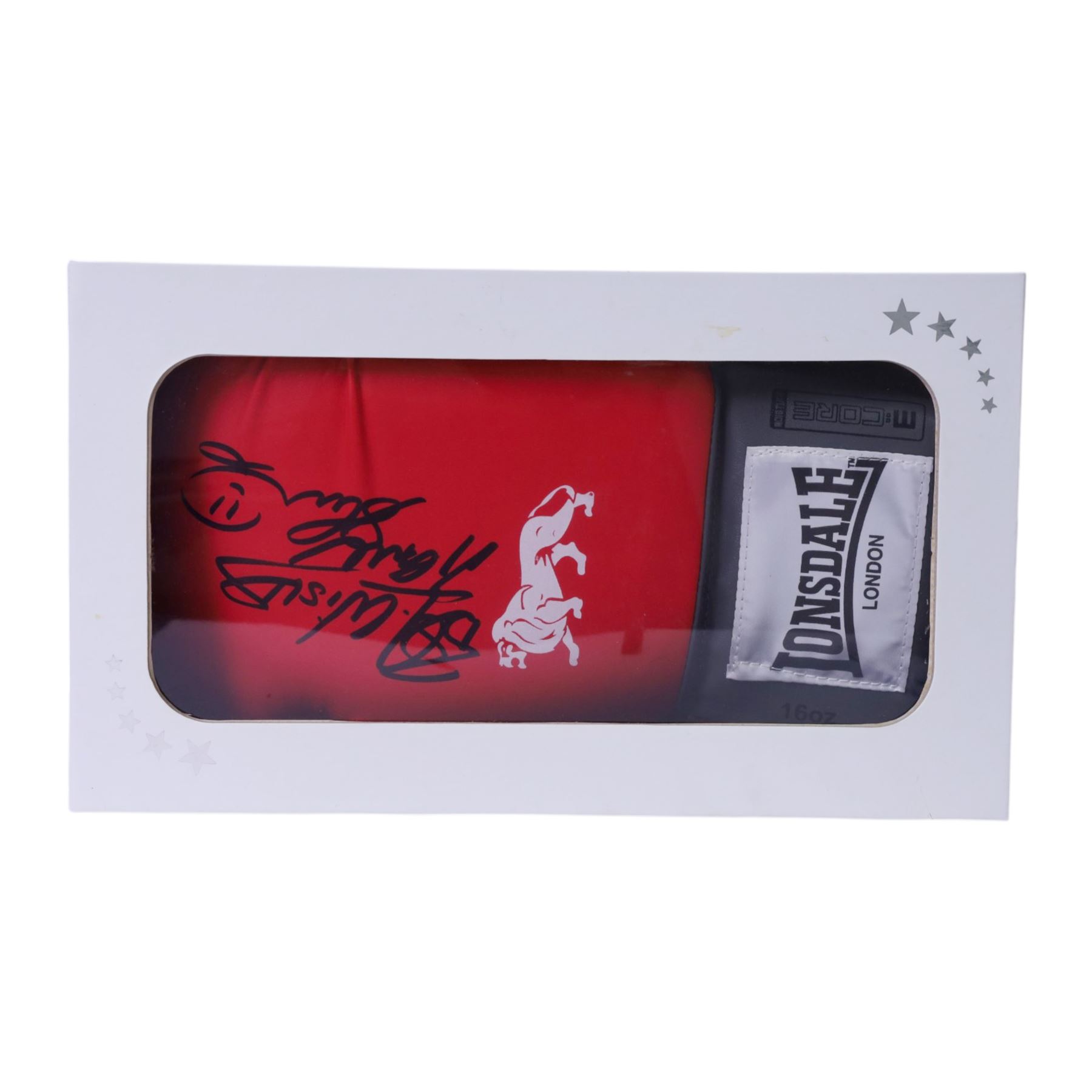 Lonsdale boxing glove, signed by Frank Bruno in black marker pen, in presentation box with certificate of authenticity from Exclusive Memorabilia