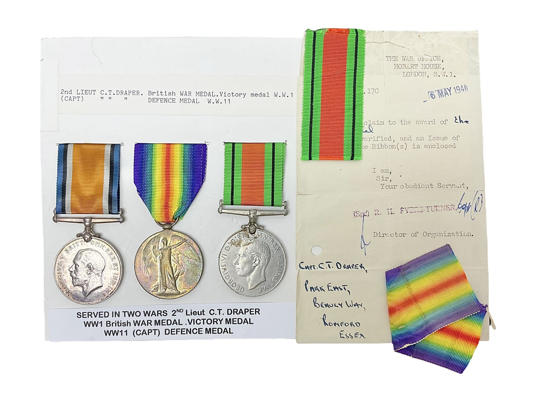 WWI pair of medals comprising British War Medal and Victory Medal awarded to 2nd Lieutenant C.T. Draper; and WWII Defence Medal awarded to Captain C.T. Draper with War Office letter of confirmation; all with ribbons (3)