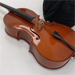  Great 4 Music student three-quarter size cello with 69cm two-piece back and spruce top, bears label, L112cm overall, in carrying case  