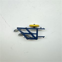 Britains 1:32 scale farm implements, vehicles and figures,  comprising 9563 Hay Baler, 9539 Seed Drill, 9534 Disc Harrow, 9537 Acrobat Rake, 9530 Three Furrow Plough, 9547 Horse Box with Horse, 9576 Farm Land Rover, 2078 male Rider with Horse, 9533 Roller, 9538 Vari-Spreader, 9536 Cultivator, three 1742 Hay Bales, 1740 Milk Churns and 1741 Sacks, all boxed, together with trees, walls, buildings and loose vehicles