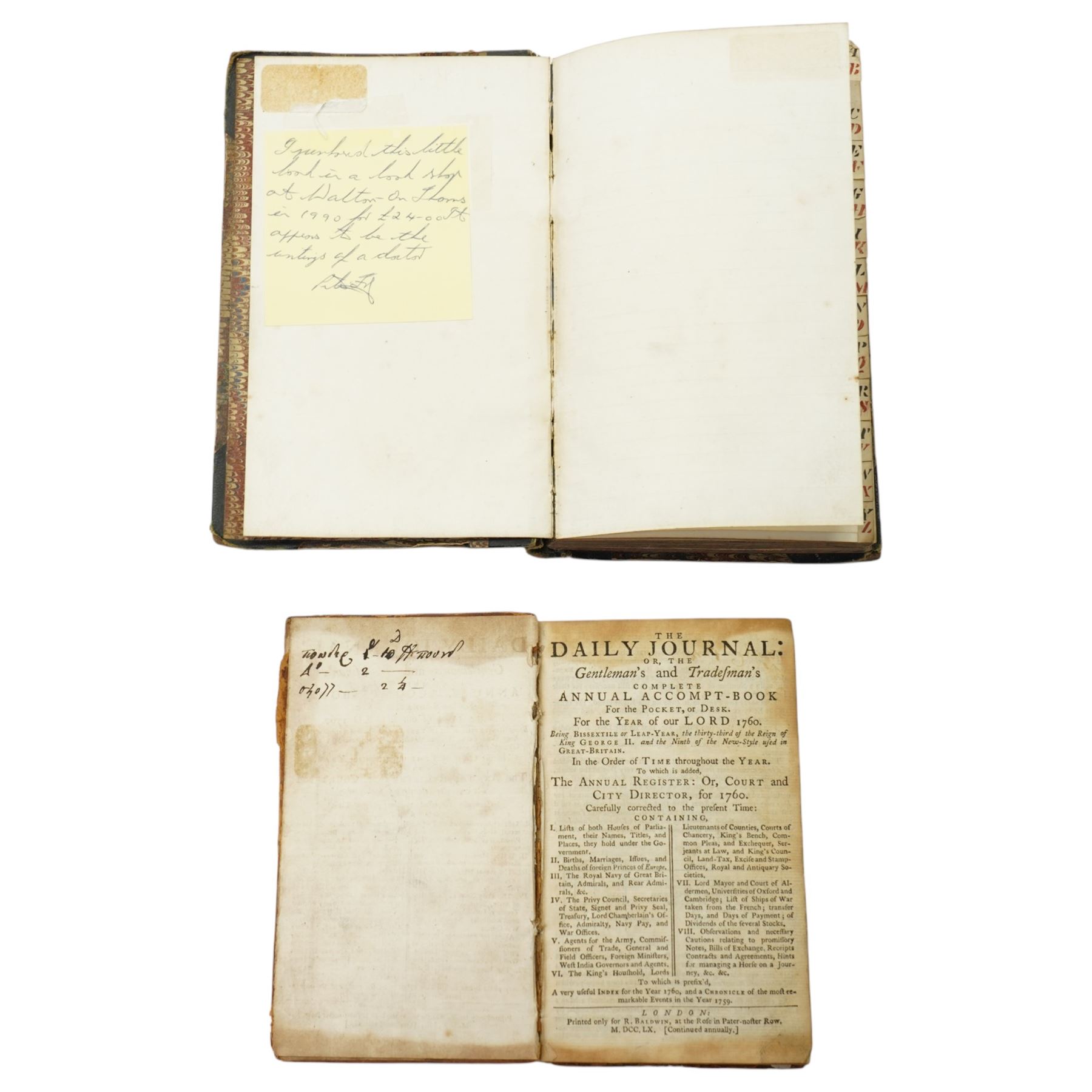 'The Daily Journal or the Gentleman's and Tradesman's complete Annual Accompt Book' published 1760 full calf and  a 19th century journal and note book, hand written with some scraps and cuttings etc in marble boards (2)