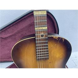 1950s Framus arch top acoustic guitar with sunburst finish and Framus logo to top, No.1937 L104cm; in hard carry case.