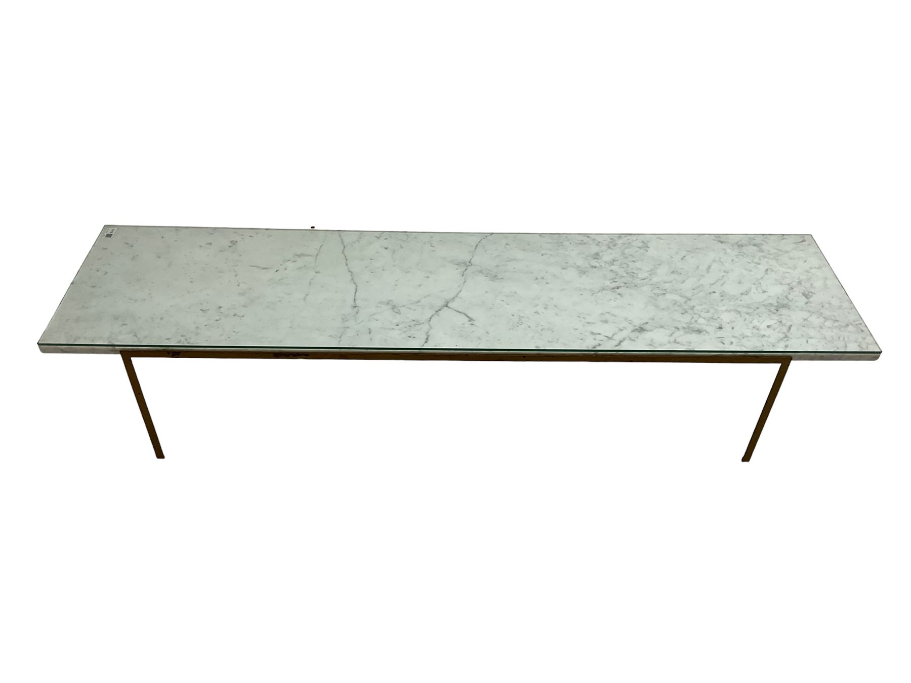 Long narrow rectangular marble top coffee table, on wrought metal base