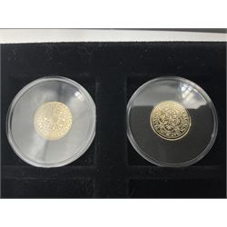 Sixteen hallmarked 9ct gold replica coins from 'The Historic Coins Of Great Britain Museum Gold Collection', housed in a Westminster display case, overall weight approximately 51.3 grams