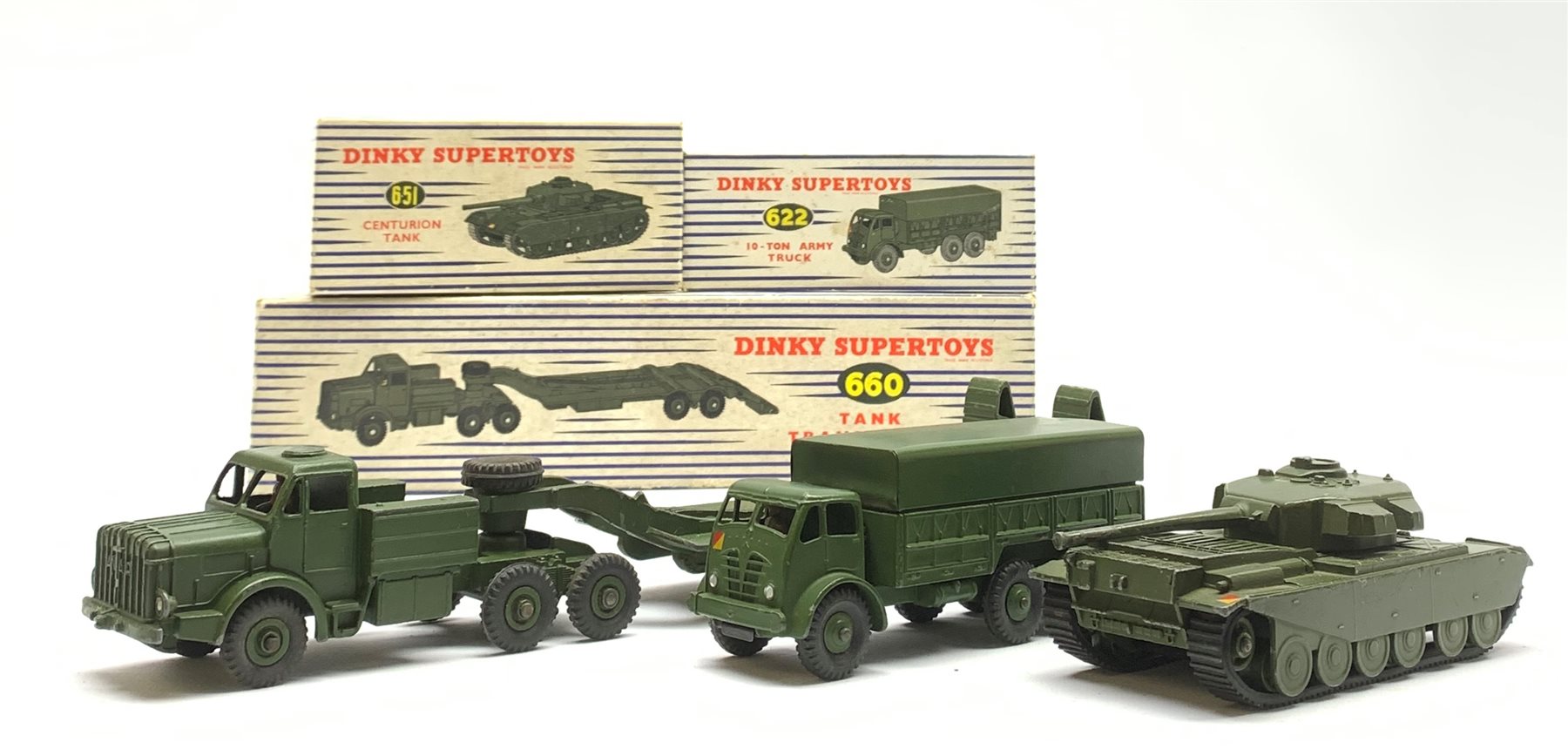Dinky - Thornycroft Mighty Antar Tank Transporter No.660, boxed with internal packaging; Centurion Tank No.651; and 10-Ton Army Lorry No.622, all boxed (3)
