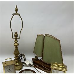 Brass table lamp, together with further lamp modelled as a sailing boat, three carriage clocks, etc., in one box