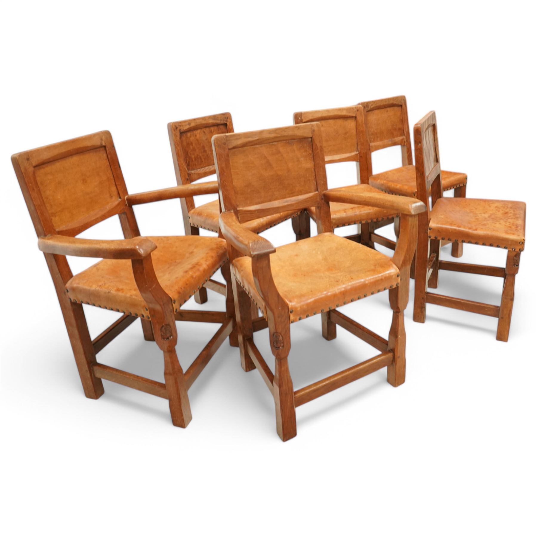 Gnomeman - set of six (4+2) oak dining chairs with panelled backs, by Thomas Whittaker, Littlebeck, Whitby