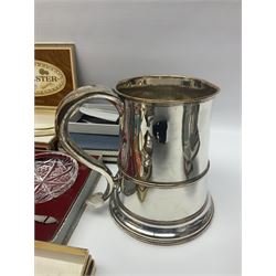 Pair of cut glass butter dishes, with hallmarked silver butter knives, together with a collection of silver plate including Georgian tankard, trophy cup and flatware, horn cutlery etc