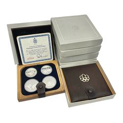Six Queen Elizabeth II The Royal Canadian Mint silver proof four coin sets, to commemorate the 1976 Montreal Olympic Games, each set containing two five dollar coins and two ten dollar coin with Queen's head obverse and designs to the reverse relating to the Olympic Games, all in the original display cases and outer card boxes with certificates