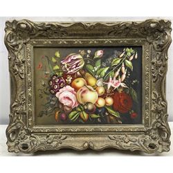 English School (Early 20th Century): Still Life of Flowers and Fruit, oil on porcelain unsigned 21cm x 29cm