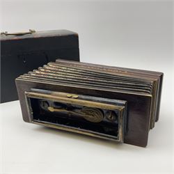 19th century Busson Paris rosewood and marquetry cased flutina accordion with eighteen mother-of-pearl keys L30cm, in original ebonised pine box